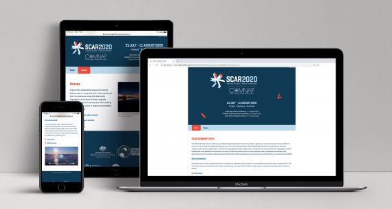 SCAR COMNAP 2020 responsive website displayed on three devices: a laptop, a tablet and a mobile phone.