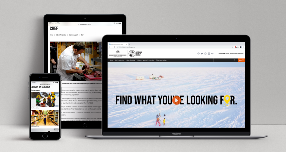 Australian Antarctic Jobs website (2020 version) displayed on three devices: a laptop, a tablet and a mobile phone.