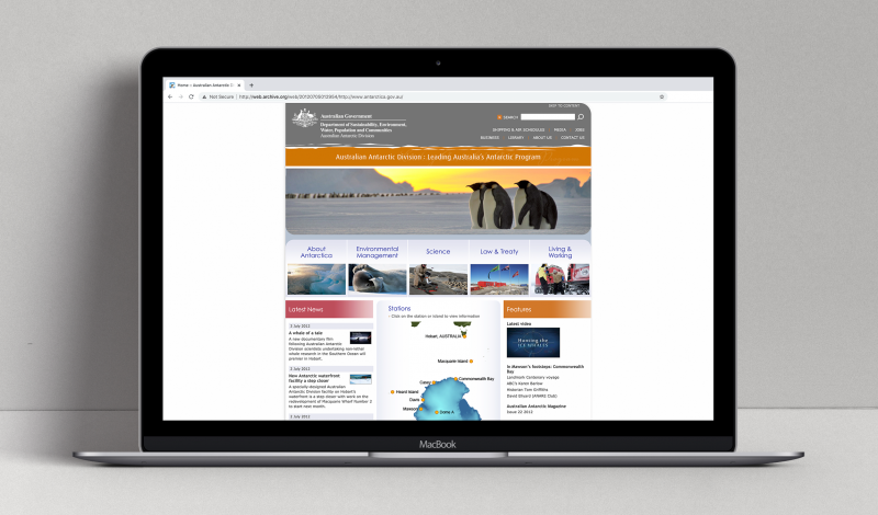 Australian Antarctic Division website (2011 refresh version) displayed on a laptop.