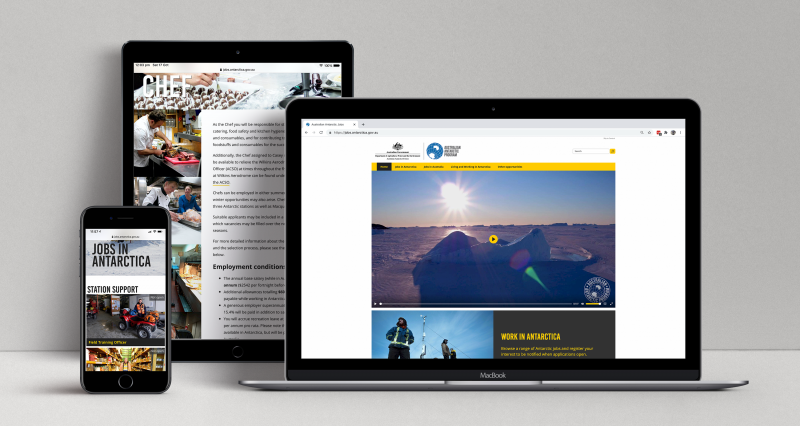 Australian Antarctic Jobs website (2018 design) displayed on three devices: a laptop, a tablet and a mobile phone.