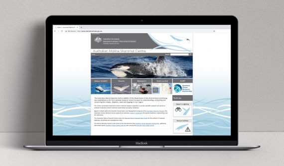 Australian Marine Mammal Centre website displayed on a laptop.