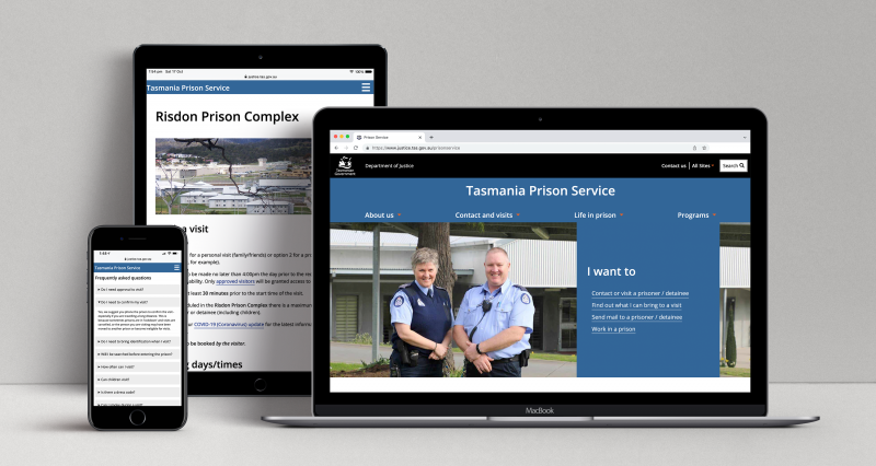Tasmania Prison Service website displayed on three devices: a laptop, a tablet and a mobile phone.
